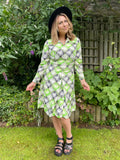 1970s Neon Notched Diamond Shift Dress. UK 10-14.