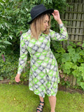 1970s Neon Notched Diamond Shift Dress. UK 10-14.