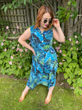 1980s Midnight Palms Cut Out Back Midi Dress. UK 14-16.