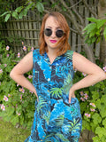 1980s Midnight Palms Cut Out Back Midi Dress. UK 14-16.