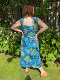 1980s Midnight Palms Cut Out Back Midi Dress. UK 14-16.