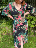 2000s Midnight Florals Plunging Midi Dress. UK 10.