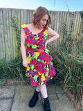 1980s Bright Primary Florals Dress. UK 10-14.