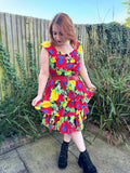 1980s Bright Primary Florals Dress. UK 10-14.