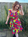 1980s Bright Primary Florals Dress. UK 10-14.