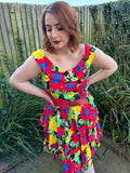 1980s Bright Primary Florals Dress. UK 10-14.
