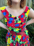 1980s Bright Primary Florals Dress. UK 10-14.