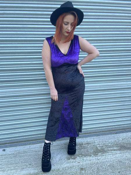 1990s Black Purple Lace Velvet Maxi Dress. UK 10-12.